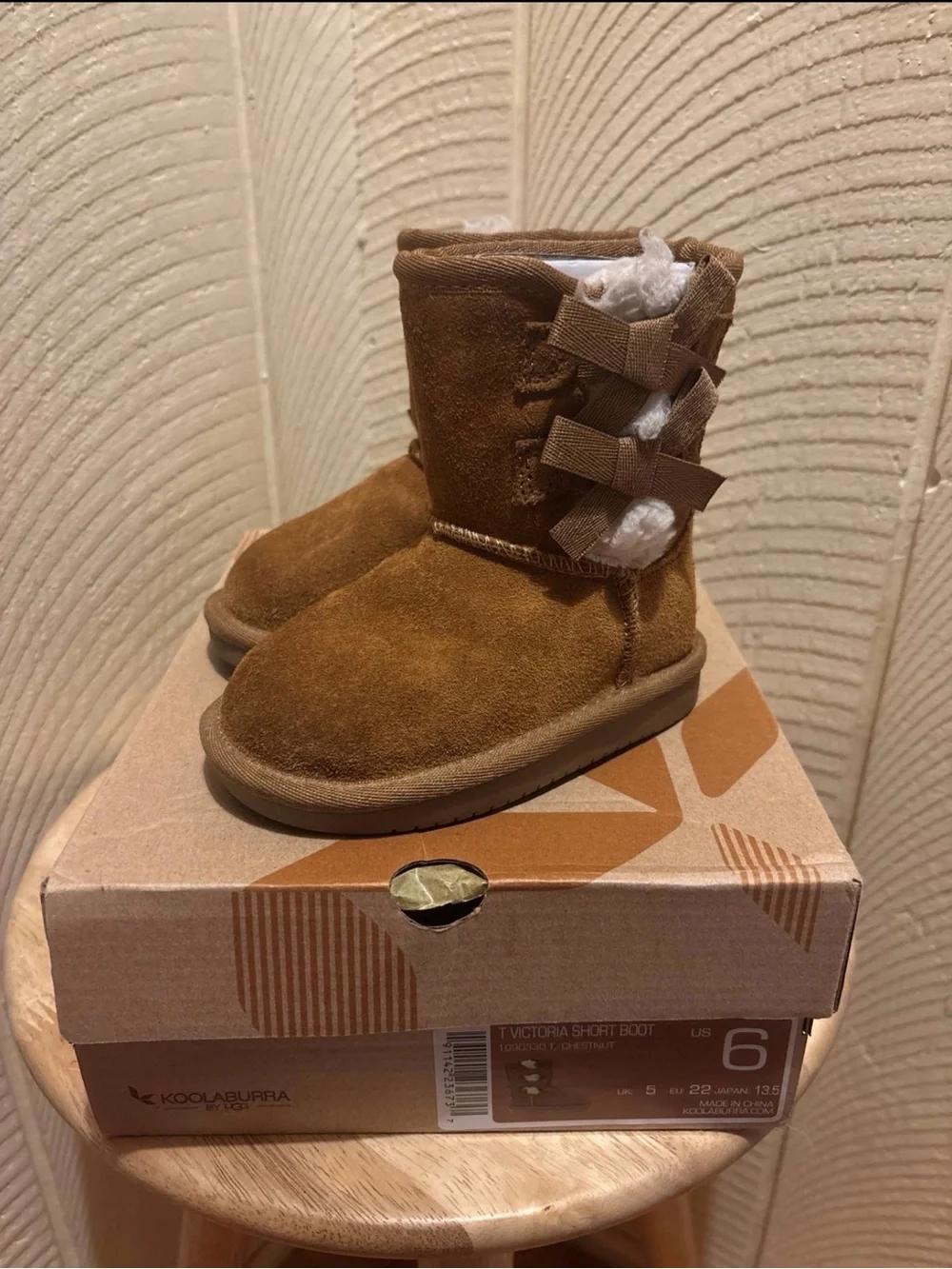 Koolaburra Toddlers' Chestnut Brown Suede Short Boots with Bow Trim
